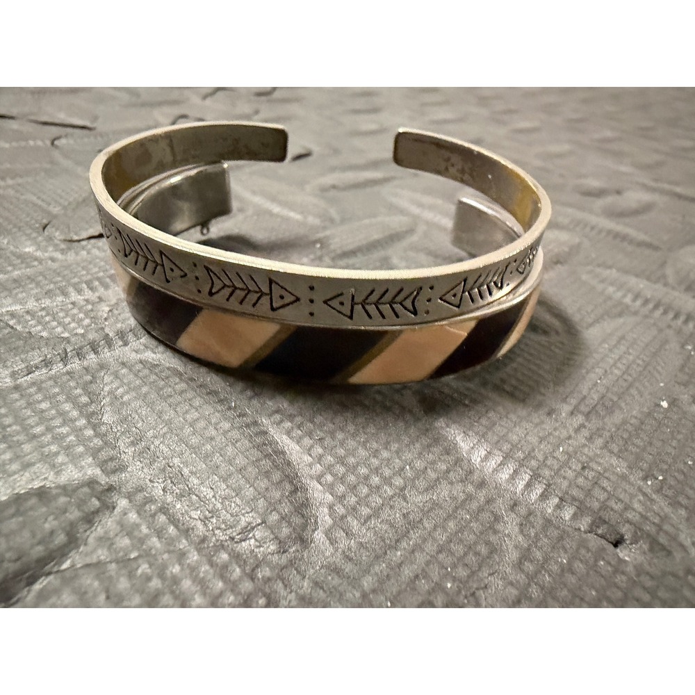 Cuff Bracelet 2‎ pc Set Silver Tone Brown Tribal Geometric Etched Jewelry Navajo